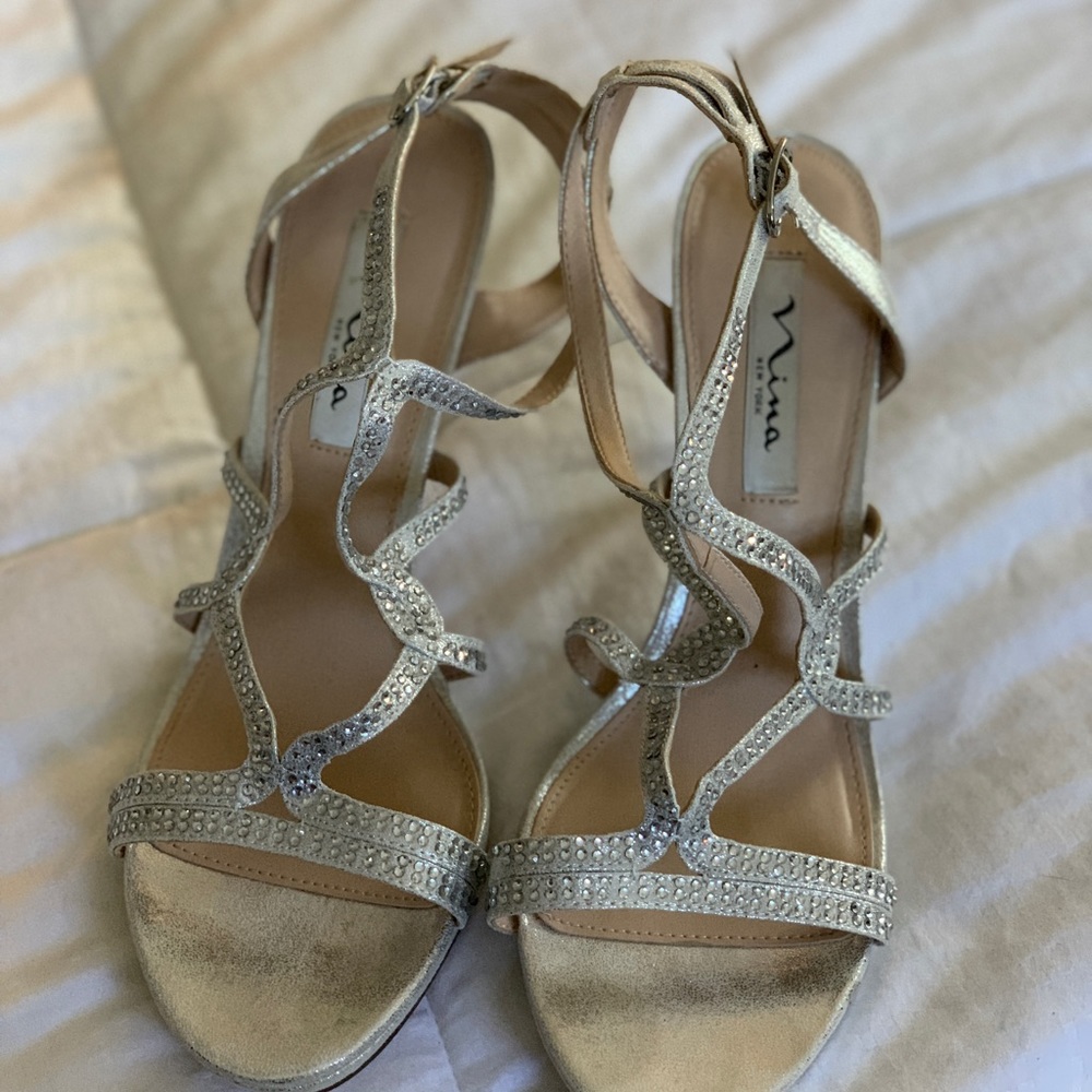 Nina New York Bedazzled Silver Heels